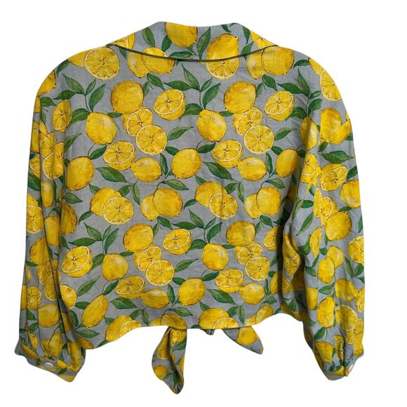Zara Lemon Print Tie-Waist Top Womens Medium Linen Blend Beachy Novelty Fruit - Picture 6 of 11